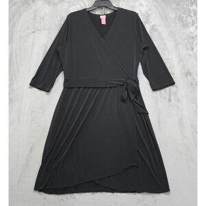 Du Jour Dress Size L Black Faux Wrap 3/4 Sleeve Stretch Knee Length Tie Waist